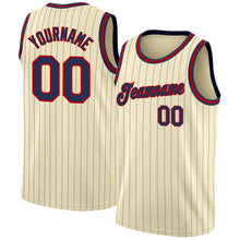Load image into Gallery viewer, Custom Cream Navy Pinstripe Navy-Red Authentic  Basketball Jersey
