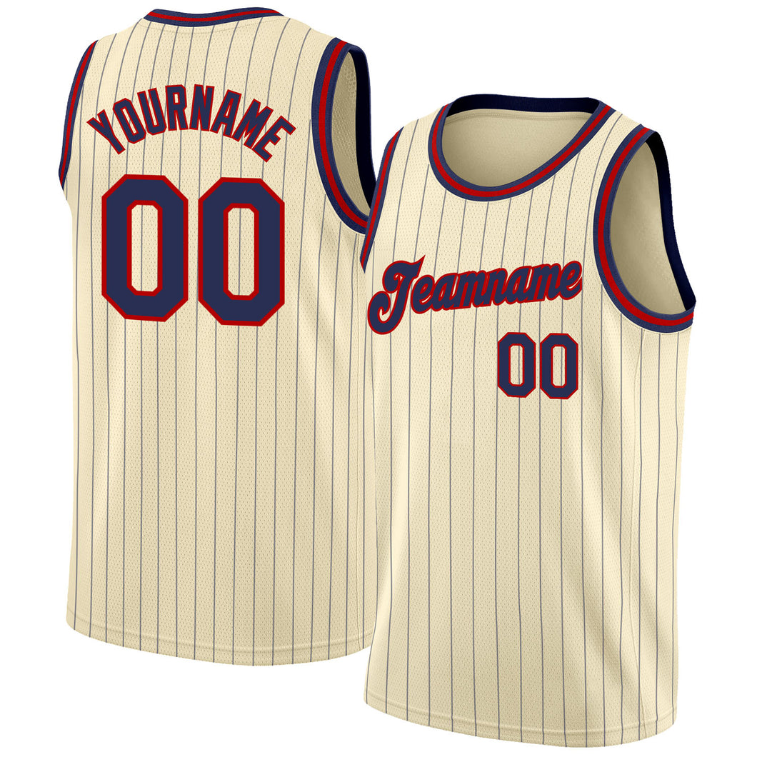 Custom Cream Navy Pinstripe Navy-Red Authentic  Basketball Jersey