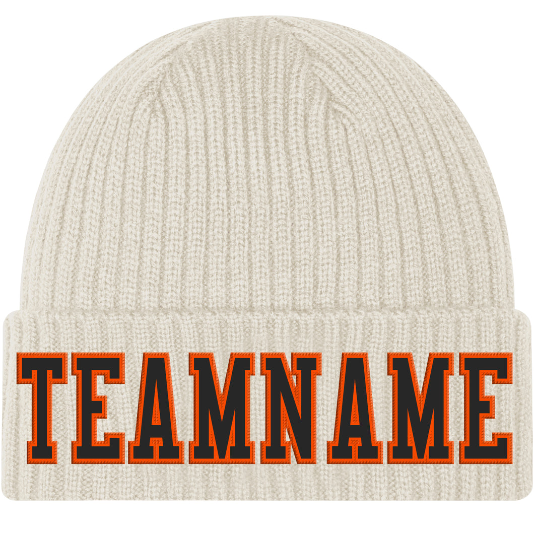 Custom Cream Black-Orange Stitched Cuffed Knit Hat