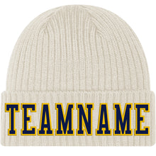 Load image into Gallery viewer, Custom Cream Navy-Gold Stitched Cuffed Knit Hat
