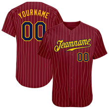 Load image into Gallery viewer, Custom Crimson Cream Pinstripe Navy-Gold Authentic Baseball Jersey
