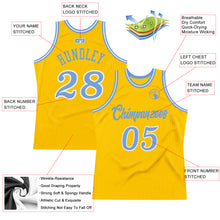 Load image into Gallery viewer, Custom Gold Light Blue-White Authentic Throwback Basketball Jersey
