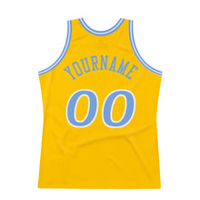 Load image into Gallery viewer, Custom Gold Light Blue-White Authentic Throwback Basketball Jersey
