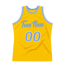 Load image into Gallery viewer, Custom Gold Light Blue-White Authentic Throwback Basketball Jersey
