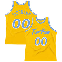 Load image into Gallery viewer, Custom Gold Light Blue-White Authentic Throwback Basketball Jersey

