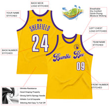 Load image into Gallery viewer, Custom Gold White-Purple Authentic Throwback Basketball Jersey
