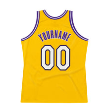 Load image into Gallery viewer, Custom Gold White-Purple Authentic Throwback Basketball Jersey
