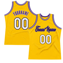 Load image into Gallery viewer, Custom Gold White-Purple Authentic Throwback Basketball Jersey
