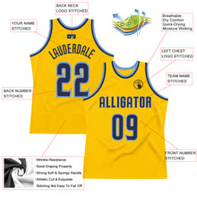 Load image into Gallery viewer, Custom Gold Navy-Light Blue Authentic Throwback Basketball Jersey
