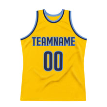 Load image into Gallery viewer, Custom Gold Navy-Light Blue Authentic Throwback Basketball Jersey
