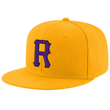 Load image into Gallery viewer, Custom Gold Purple-Black Stitched Adjustable Snapback Hat
