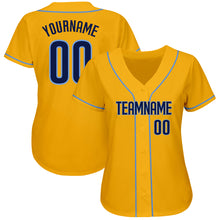 Load image into Gallery viewer, Custom Gold Navy-Light Blue Authentic Baseball Jersey
