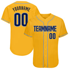 Load image into Gallery viewer, Custom Gold Navy-Light Blue Authentic Baseball Jersey
