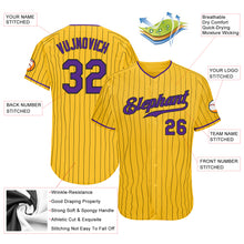 Load image into Gallery viewer, Custom Yellow Black Pinstripe Purple-Black Authentic Baseball Jersey
