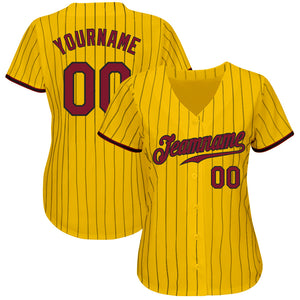 Custom Yellow Black Pinstripe Crimson-Black Authentic Baseball Jersey