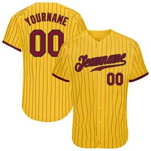 Custom Yellow Black Pinstripe Crimson-Black Authentic Baseball Jersey