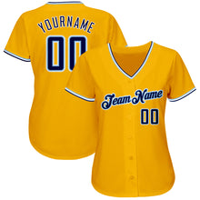 Load image into Gallery viewer, Custom Gold Navy-Light Blue Authentic Baseball Jersey
