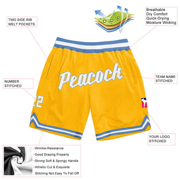 Custom Gold White-Light Blue Authentic Throwback Basketball Shorts