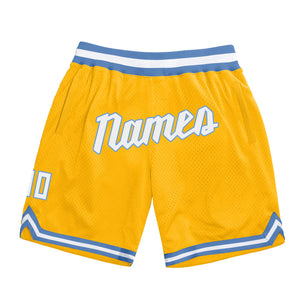 Custom Gold White-Light Blue Authentic Throwback Basketball Shorts