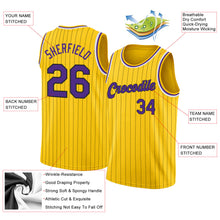 Load image into Gallery viewer, Custom Gold Black Pinstripe Purple-White Authentic Throwback Basketball Jersey

