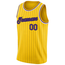 Load image into Gallery viewer, Custom Gold Black Pinstripe Purple-White Authentic  Basketball Jersey
