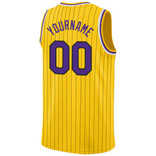 Load image into Gallery viewer, Custom Gold Black Pinstripe Purple-White Authentic Throwback Basketball Jersey
