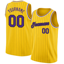 Load image into Gallery viewer, Custom Gold Black Pinstripe Purple-White Authentic  Basketball Jersey
