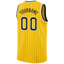 Load image into Gallery viewer, Custom Gold Black Pinstripe Black-White Authentic Basketball Jersey
