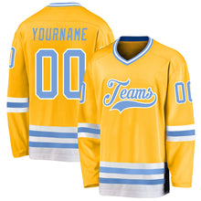 Load image into Gallery viewer, Custom Gold Light Blue-White Hockey Jersey
