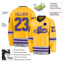 Load image into Gallery viewer, Custom Gold Purple-Gray Hockey Jersey
