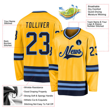 Custom Gold Navy-Light Blue Hockey Jersey