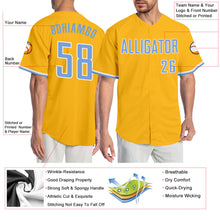 Load image into Gallery viewer, Custom Gold Light Blue-White Authentic Baseball Jersey
