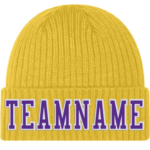 Custom Gold Purple-White Stitched Cuffed Knit Hat