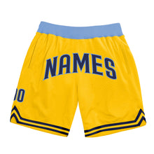 Load image into Gallery viewer, Custom Gold Navy-Light Blue Authentic Throwback Basketball Shorts
