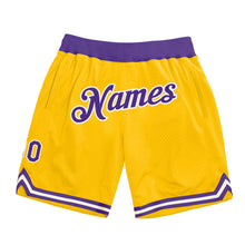 Load image into Gallery viewer, Custom Gold Purple-White Authentic Throwback Basketball Shorts
