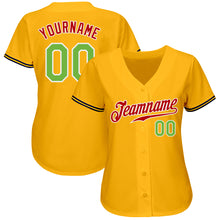 Load image into Gallery viewer, Custom Gold Neon Green-Red Authentic Baseball Jersey
