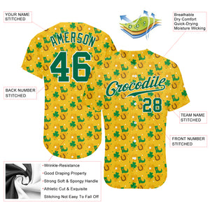 Custom Gold Kelly Green-White 3D Pattern Design Authentic St. Patrick's Day Baseball Jersey