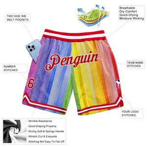 Custom Gold Red-White 3D Pattern Design Rainbow Authentic Basketball Shorts