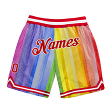 Load image into Gallery viewer, Custom Gold Red-White 3D Pattern Design Rainbow Authentic Basketball Shorts
