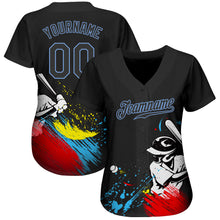 Load image into Gallery viewer, Custom Graffiti Pattern Black-Light Blue 3D Authentic Baseball Jersey
