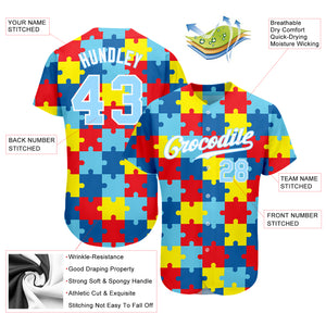 Custom Autism Awareness Puzzle Pieces Light Blue-White 3D Authentic Baseball Jersey