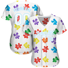Load image into Gallery viewer, Custom Autism Awareness Puzzle Pieces White-Light Blue 3D Authentic Baseball Jersey
