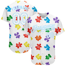 Load image into Gallery viewer, Custom Autism Awareness Puzzle Pieces White-Light Blue 3D Authentic Baseball Jersey
