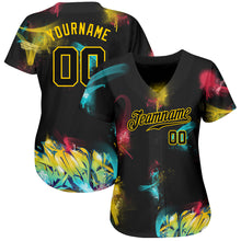 Load image into Gallery viewer, Custom Graffiti Pattern Black-Gold 3D Authentic Baseball Jersey
