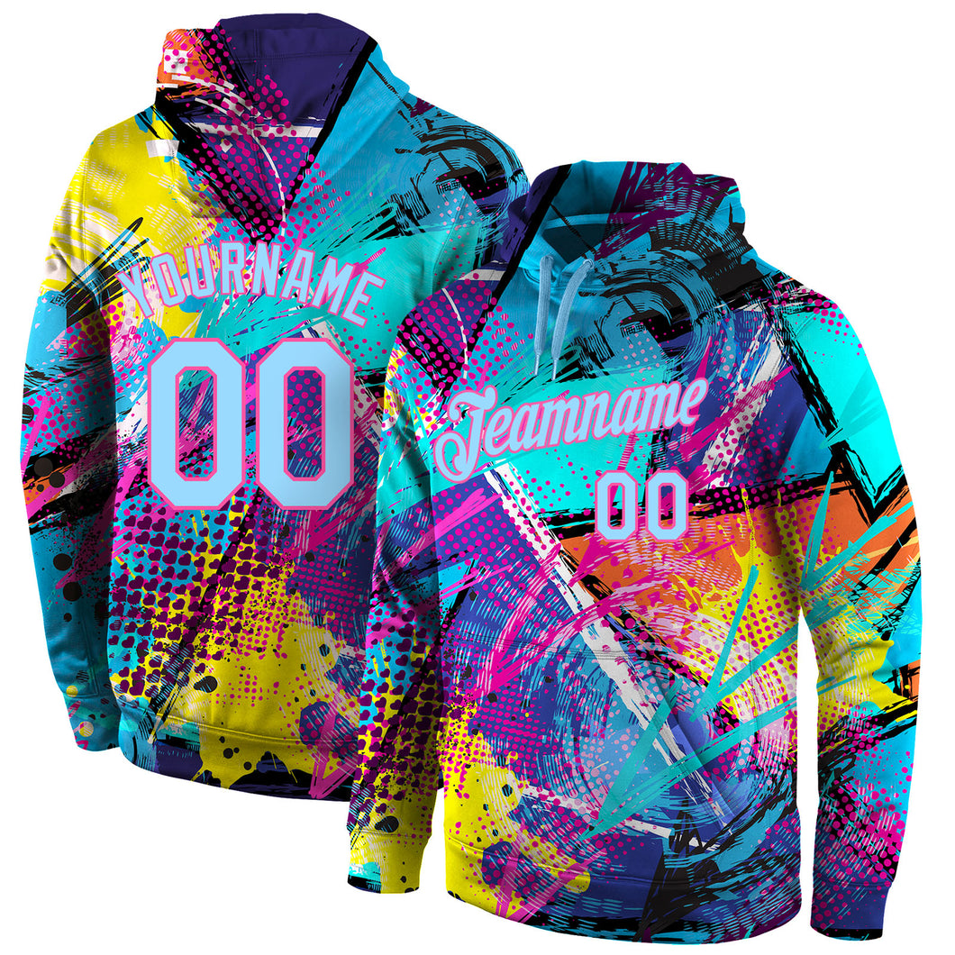 Custom Stitched Graffiti Pattern Light Blue-Pink 3D Sports Pullover Sweatshirt Hoodie