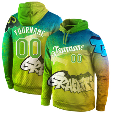 Custom Stitched Graffiti Pattern Neon Green-White 3D Sports Pullover Sweatshirt Hoodie