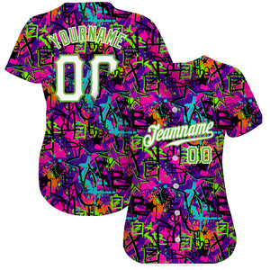 Custom Graffiti Pattern White-Neon Green 3D Authentic Baseball Jersey