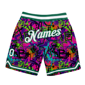 Custom Graffiti Pattern White-Kelly Green 3D Authentic Basketball Shorts