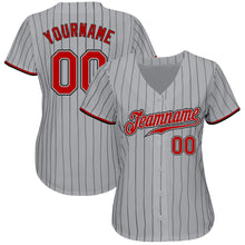 Load image into Gallery viewer, Custom Gray Black Pinstripe Red-Black Authentic Baseball Jersey
