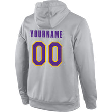 Load image into Gallery viewer, Custom Stitched Gray Purple-Gold Sports Pullover Sweatshirt Hoodie
